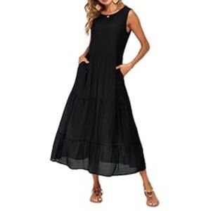 Women’s XL Black Tiered Midi Dress w Pockets Lightweight Flowy